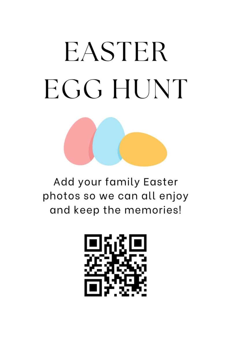 Einladung zur Ostereiersuche mit bunten Eiern und einem QR-Code zum Teilen von Familienfotos. Ideal für Festlichkeiten und zum Schaffen bleibender Erinnerungen.