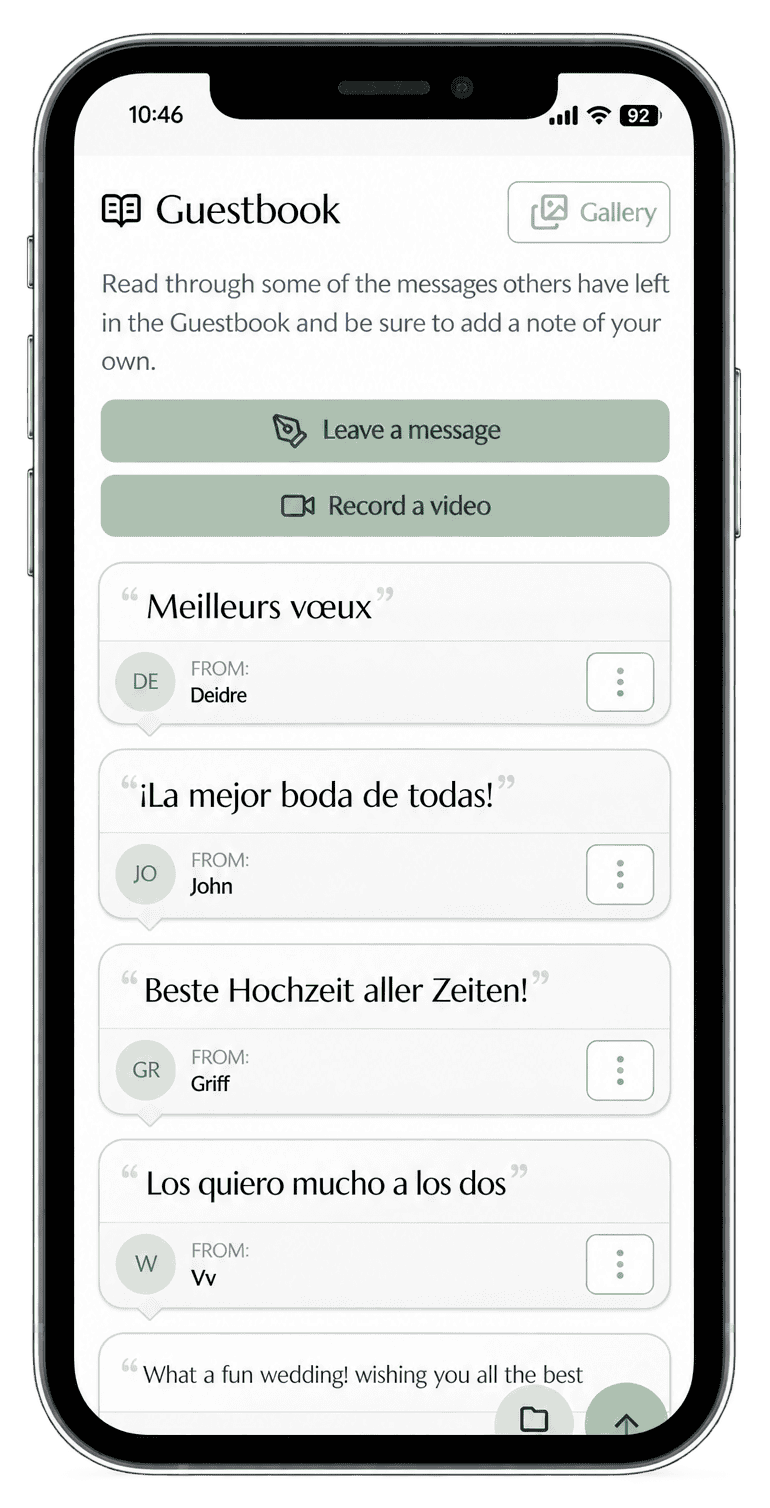 Écran de smartphone affichant l'application « Livre d'or » avec une invitation à laisser un message ou à enregistrer une vidéo, ainsi que plusieurs messages cités en dessous.