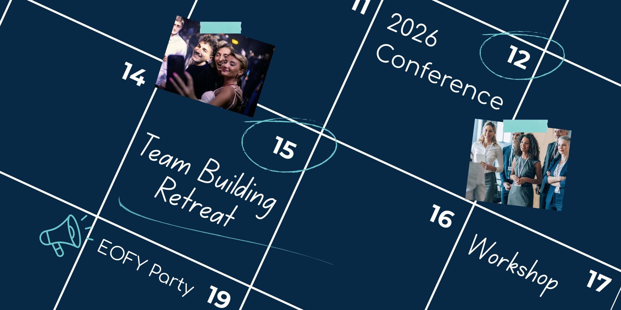 Event photo sharing platform with QR codes at a corporate event. - GUESTPIX | #1 QR Code Event Photo Sharing Platform An engaging image showcasing a calendar with photos of conference attendees and team building retreat, highlighting GUESTPIX's QR code photo sharing capabilities for events.