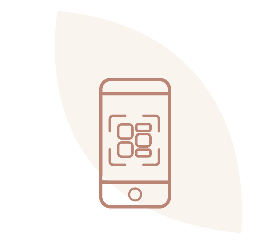 Umriss eines Smartphones mit einem Raster aus Quadraten auf dem Bildschirm, vor einem blassen, blattförmigen Hintergrund.