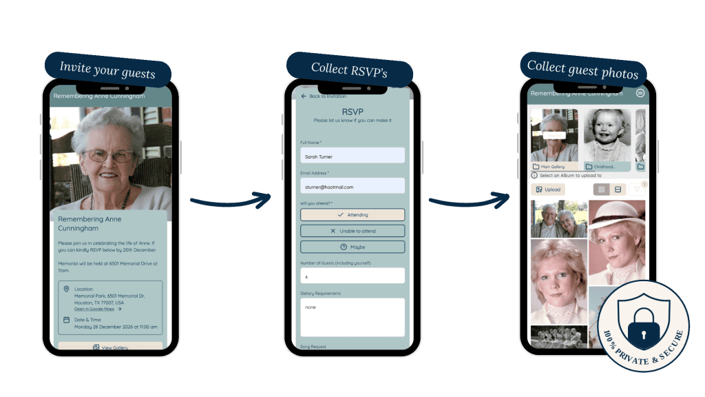 App demo: three phones show inviting guests, RSVPs, and collecting guest photos for an event app flow.
