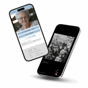 Ein Bild, das zeigt, wie Gäste bei einer Beerdigung mithilfe der QR-Code-Plattform „GUESTPIX“ Erinnerungen austauschen.