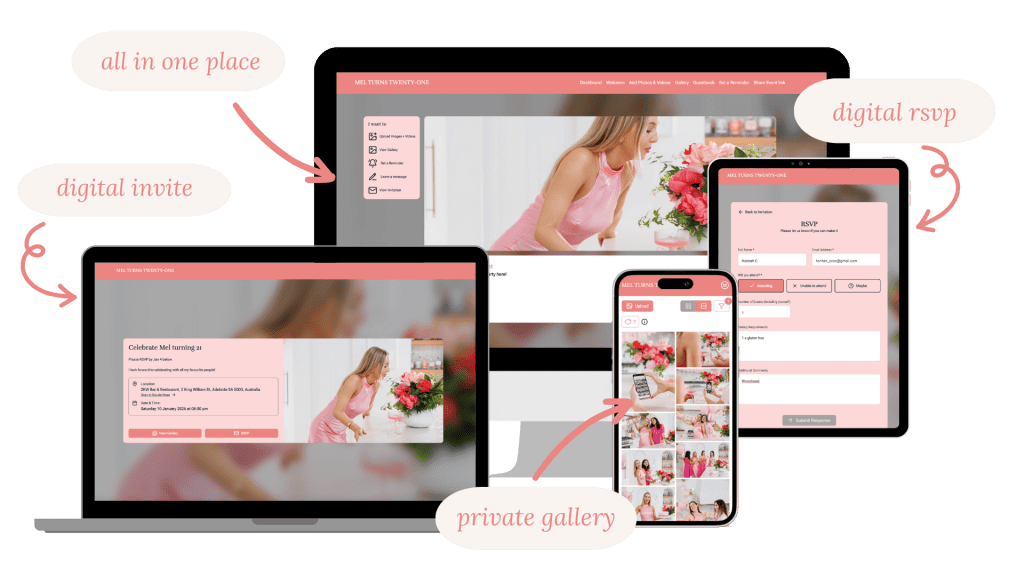 GUESTPIX party gallery displayed on a laptop, tablet, and smartphone. Features highlighted include a digital invite, RSVP, and private gallery. Pink accents convey a cheerful, cohesive design.