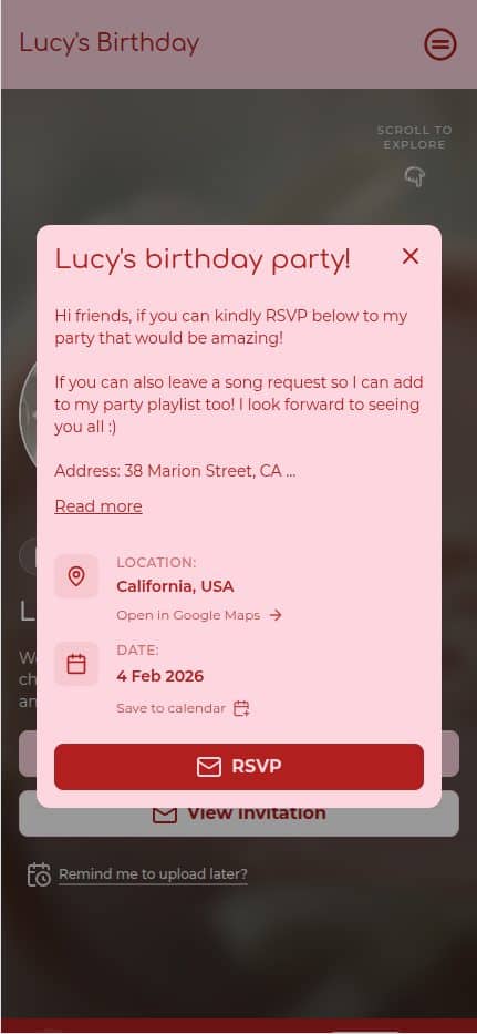 Pink RSVP invitation card over a blurred birthday screen