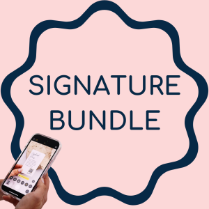 Werbefoto: rosa Hintergrund mit einem dunkelblauen, wellenförmigen Rahmen und dem Text „SIGNATURE BUNDLE“; eine Hand hält ein Smartphone, auf dem ein Dokument zu sehen ist.
