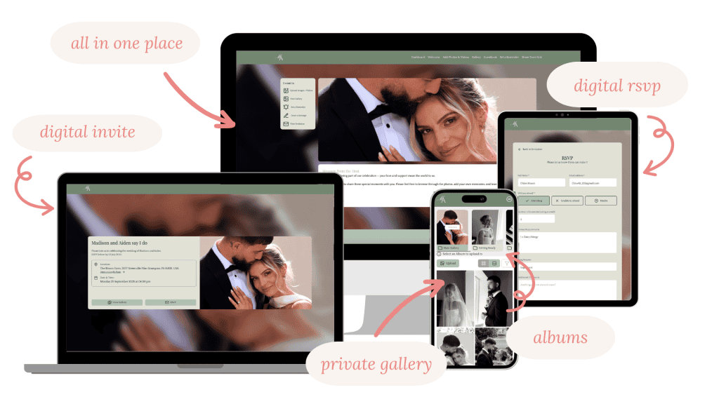 Alt text: Modern devices display a wedding celebration with digital invites, galleries, and RSVP options using Guestpix's QR code event sharing platform.