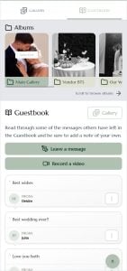 Mobile Galerie-App: Registerkarten „Galerie“ und „Gästebuch“ mit drei Album-Miniaturansichten („Hauptgalerie“, „Hinter den Kulissen des Anbieters“, „Unsere Hochzeit“); darunter befindet sich ein Gästebuch mit zwei grünen Schaltflächen („Nachricht hinterlassen“, „Video aufnehmen“) und Beispielnachrichten.