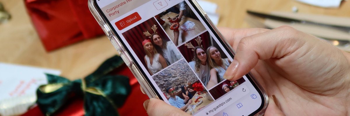 corporate holiday party thin banner - GUESTPIX | #1 QR Code Event Photo Sharing Platform High-quality QR code event photo sharing platform on mobile device, illustrating how guests upload and view event pictures seamlessly via GUESTPIX.