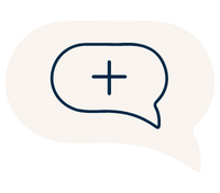 A speech bubble with a plus sign inside, outlined in dark blue on a white background. The design conveys the idea of adding or new communication.