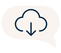 A download cloud icon inside a speech bubble against a black background. The symbol suggests downloading or cloud storage communication.