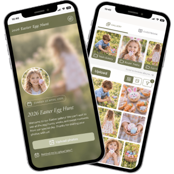 Due schermate di iPhone che mostrano un'app dedicata alla caccia alle uova di Pasqua del 2026: la schermata a sinistra con il titolo dell'evento, l'immagine del profilo e il pulsante "Carica foto"; la schermata a destra con una griglia della galleria fotografica.