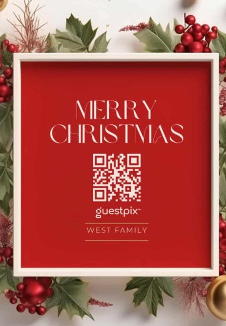 Festive Christmas greeting sign with a QR code for event photo sharing, surrounded by holiday decorations including holly and red berries. Perfect for holiday parties and family gatherings.