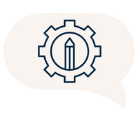 A speech bubble with a dark outline contains a gear icon with a pencil inside, symbolizing creativity and technical communication. Black background.