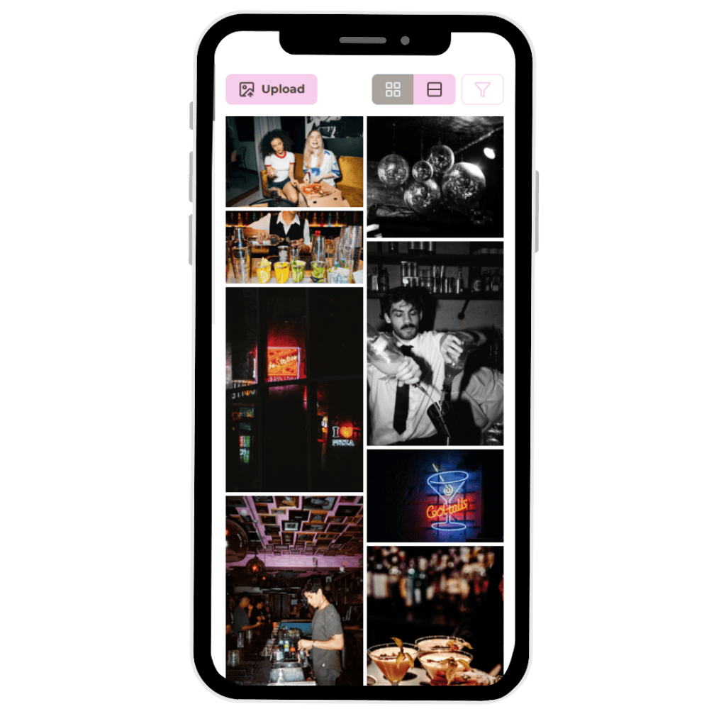 An image of a smartphone displaying the GUESTPIX app with various event photos, including people, drinks, and nightlife scenes, showcasing the platform's photo sharing features.