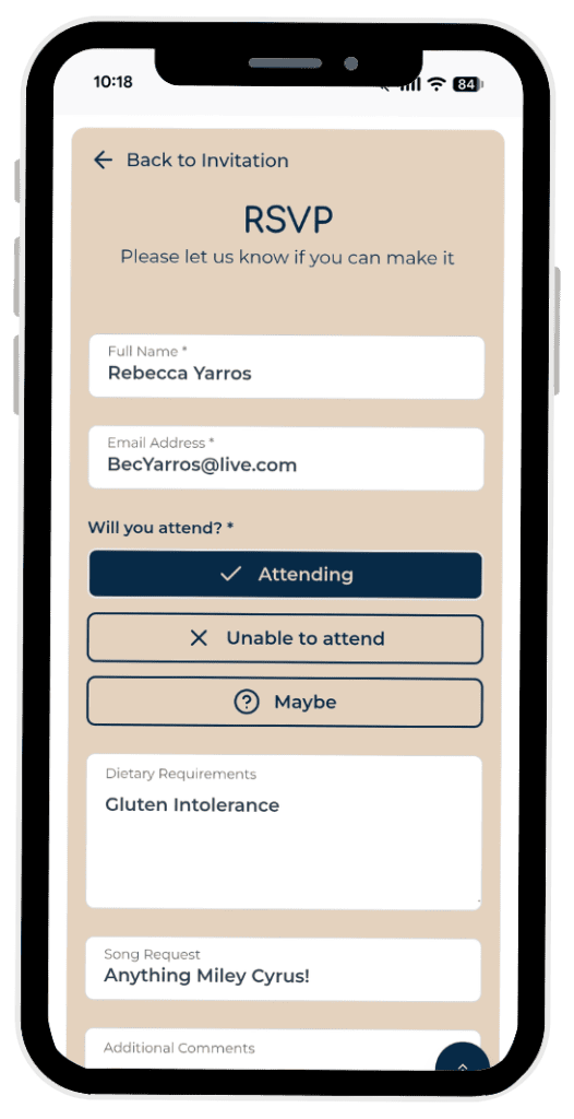 Mobile RSVP form on a beige screen showing name and email fields, attendance options, diet note, and song request on a smartphone.