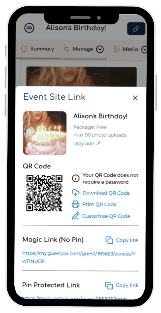Modal titled Event Site Link showing birthday event for Alison with a photo, QR code, and download/print/customize options