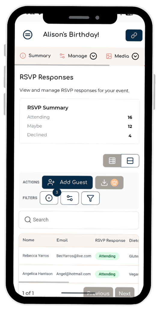 Mobile app screen titled "Alison's Birthday!" showing RSVP responses: Attending 16, Maybe 12, Declined 4, with a card labeled RSVP Summary. Includes actions like Add Guest, filters, and a searchable table of guests (Name, Email, RSVP Status).