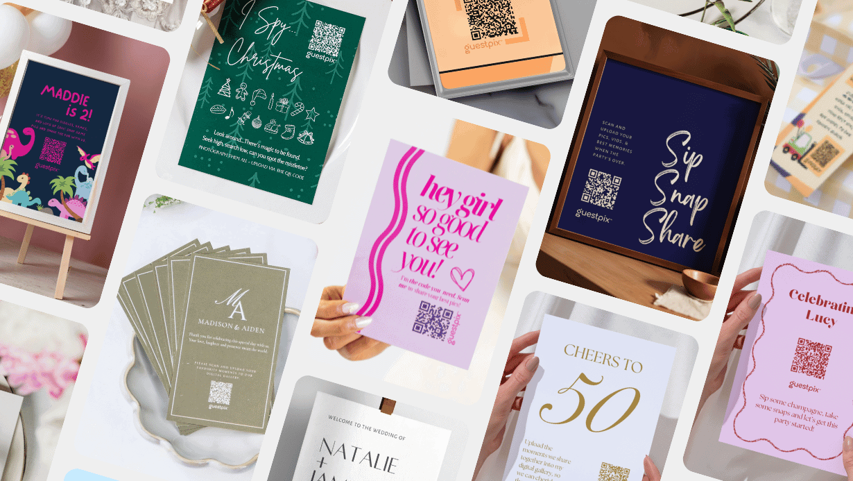 gpx canva template header banner - GUESTPIX | #1 QR Code Event Photo Sharing Platform Collage of colorful wedding invitations and cards with QR codes and decorative typography.