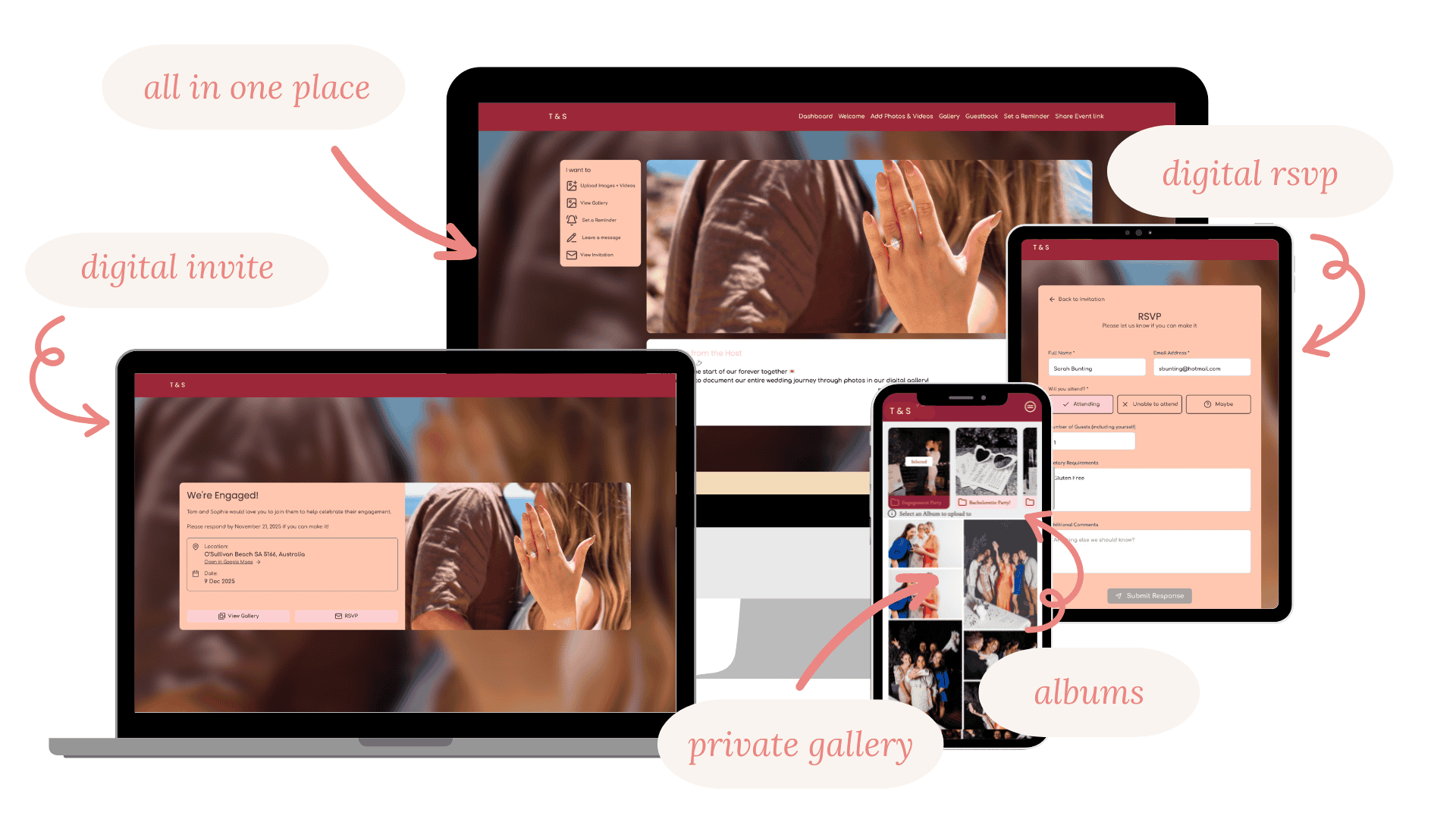 A digital event photo sharing platform showcasing QR codes, digital invites, galleries, and RSVP features for seamless event photo moments sharing.