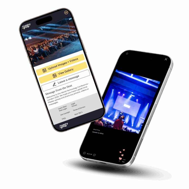 Hochladen von Veranstaltungsfotos und -videos über einen QR-Code auf der GUESTPIX-Plattform.