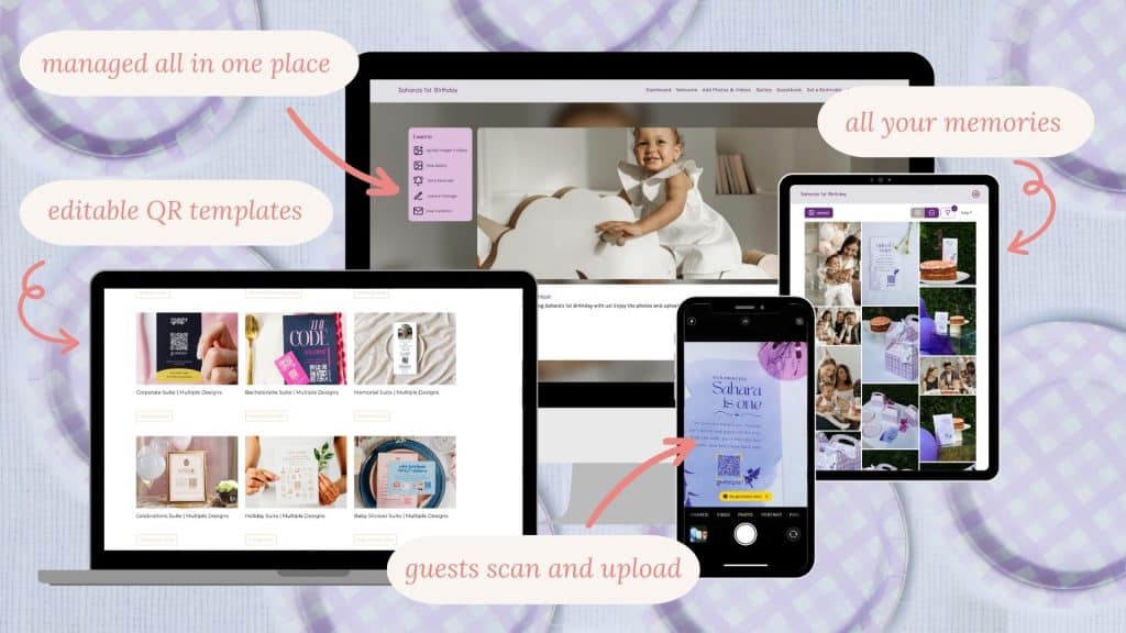 An illustration of a digital platform for event photo sharing with QR codes, showing multiple devices including a laptop, tablet, and smartphone with event images and templates.