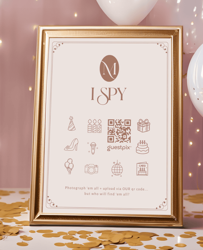 Poster con cornice dorata recante la scritta “I SPY”, con icone festive (cappellino da festa, regali, tacco alto, macchina fotografica, mappamondo), un codice QR e una torta in un allestimento da festa rosa.