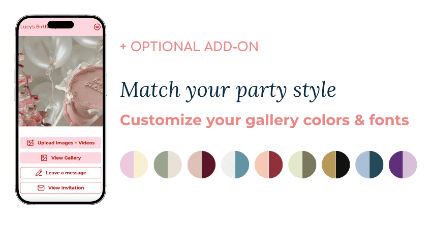 Mobile phone mockup showing a party-invitation app with pink UI buttons and a row of color swatches, plus the headline about customizing gallery colors and fonts.