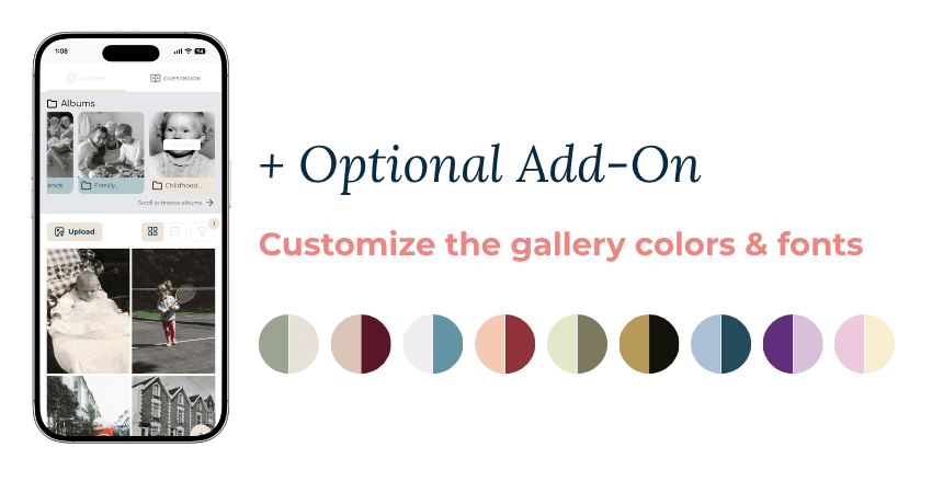 Smartphone, auf dem eine Fotogalerie-App zu sehen ist, mit den Texten „+ Optionales Add-on“ und „Farben und Schriftarten der Galerie anpassen“ sowie einer Reihe von Farbfeldern zur individuellen Anpassung.