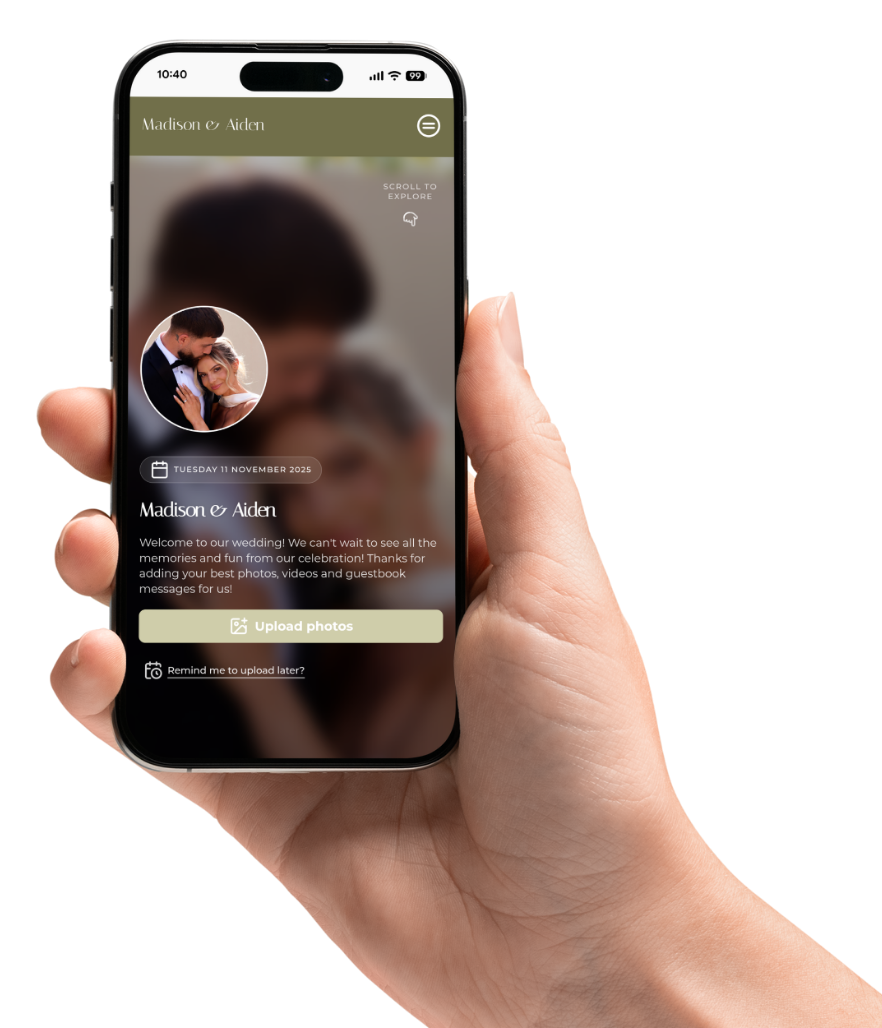 new wedding phone mockup - GUESTPIX | #1 QR Code Event Photo Sharing Platform Uno smartphone tenuto in mano che mostra la schermata di un'app per l'organizzazione di matrimoni
