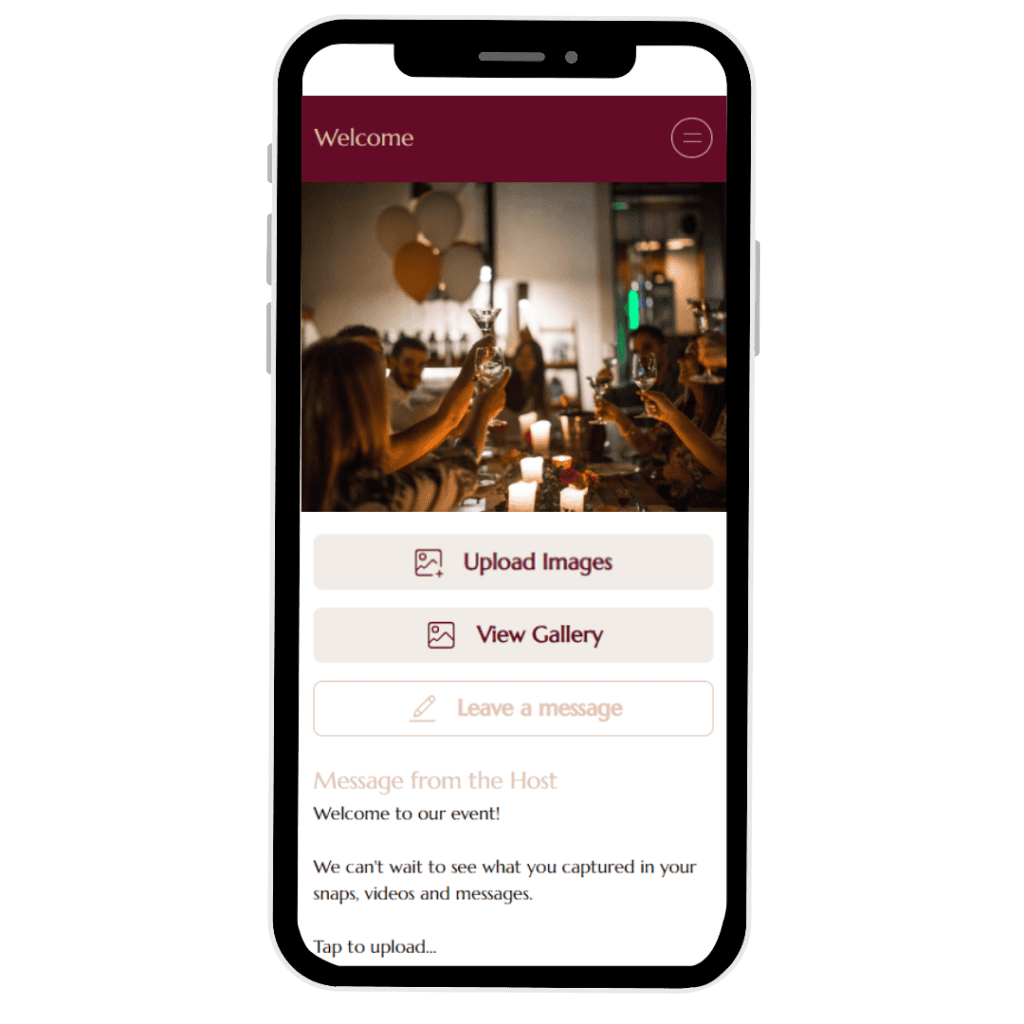 An image of a smartphone displaying the GUESTPIX app interface at an event.