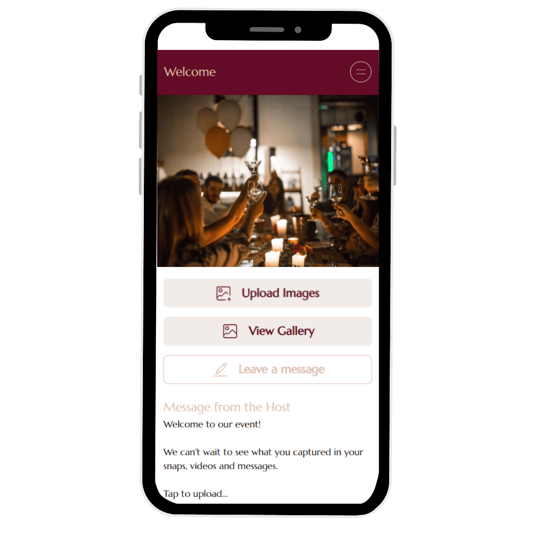 GUESTPIX Event Photo Sharing App - GUESTPIX | #1 QR Code Event Photo Sharing Platform An image of a smartphone displaying the GUESTPIX app interface at an event.