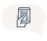 Icon of a hand holding a smartphone displaying a QR code and a checkmark, inside a speech bubble on a black background, symbolizing digital scanning.