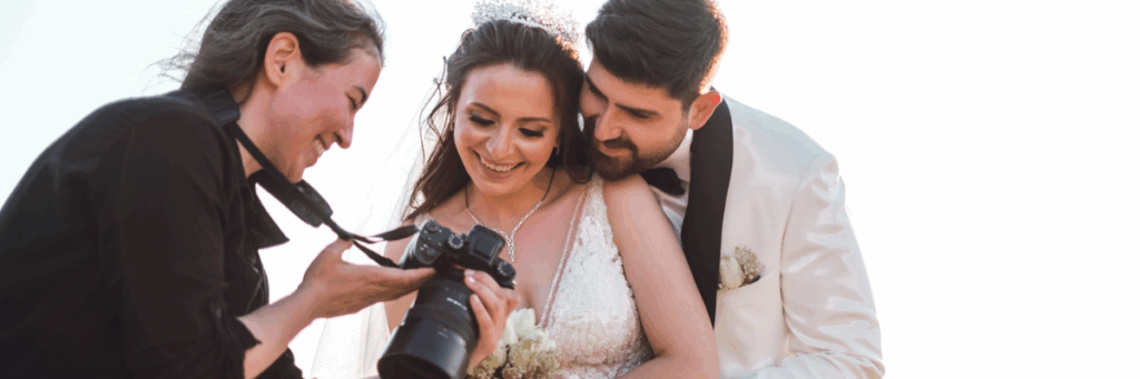 top tips for referrers edm banner - GUESTPIX | #1 QR Code Event Photo Sharing Platform Happy wedding couple sharing joyful moments as a photographer captures their special day, highlighting celebration and love in a vibrant outdoor setting.
