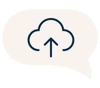A speech bubble with a cloud and upward arrow icon, symbolizing cloud upload. The background is black, conveying a modern, digital communication theme.