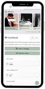 Mobile app screen showing an Albums row with three thumbnail folders (Main Gallery, Vendor BTS, Our Wedding) and a Guestbook section with actions 'Leave a message' and 'Record a video' and sample messages.