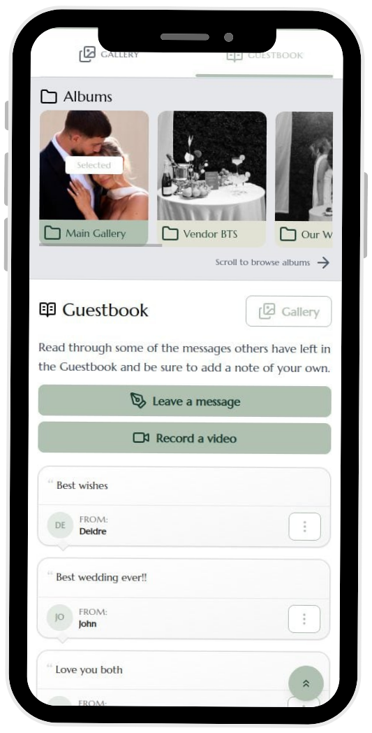 Écran d&amp;apos;une application mobile affichant une rangée « Albums » comprenant trois dossiers sous forme de vignettes (« Galerie principale », « Coulisses du prestataire », « Notre mariage ») et une section « Livre d&amp;apos;or » proposant les actions « Laisser un message » et « Enregistrer une vidéo », ainsi que des exemples de messages.