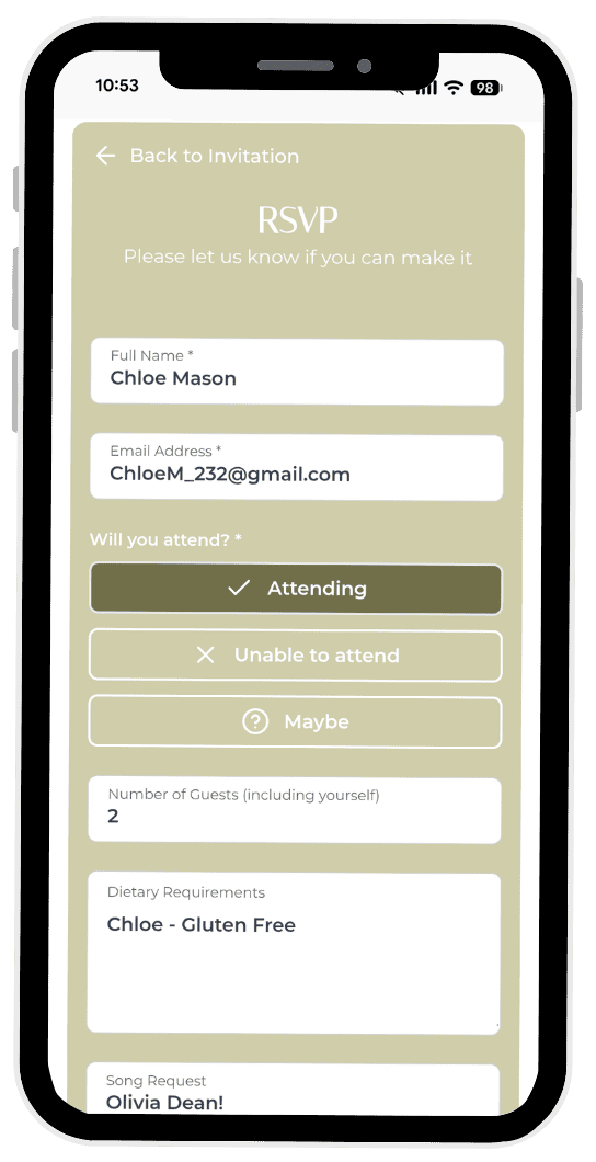Mobile RSVP form on screen with name, attendance, and dietary requirements