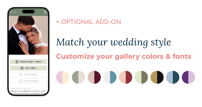 Immagine promozionale che mostra uno smartphone con un'app per la galleria di nozze sulla sinistra e un testo di marketing sulla destra: «+ OPZIONE AGGIUNTIVA», «Adatta lo stile al tuo matrimonio», «Personalizza i colori e i caratteri della tua galleria», con una serie di campioni di colore.