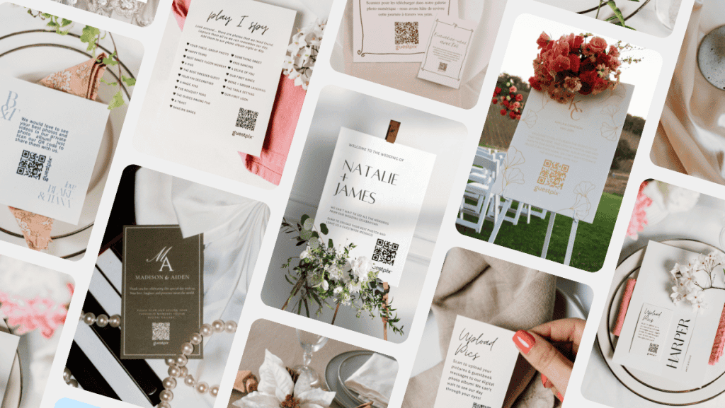 Collage of wedding invitation cards with floral accents and QR codes arranged in a grid on light backgrounds.