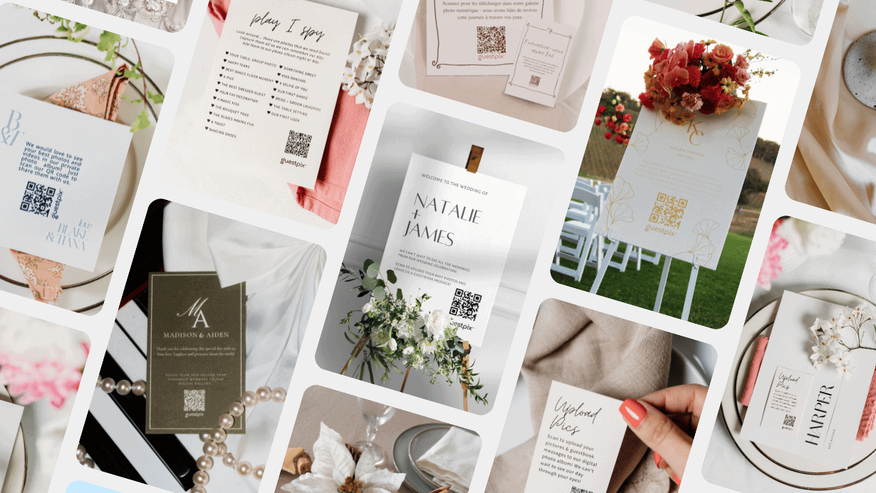 Collage of wedding invitation cards with floral accents and QR codes arranged in a grid on light backgrounds.